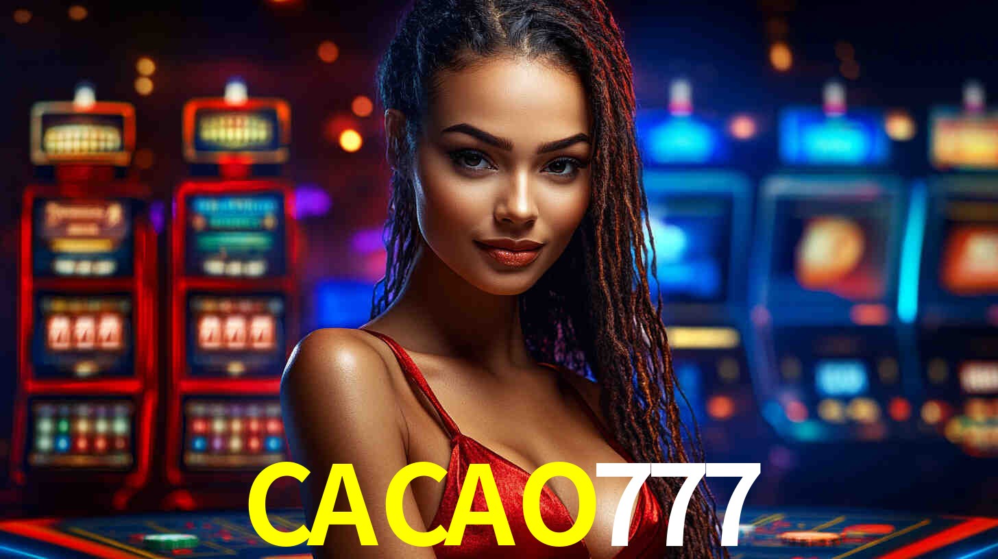 Una escena digital vívida inspirada en casino con CACAO777 mostrado prominentemente, luces brillantes, fichas, cartas y acentos dorados.