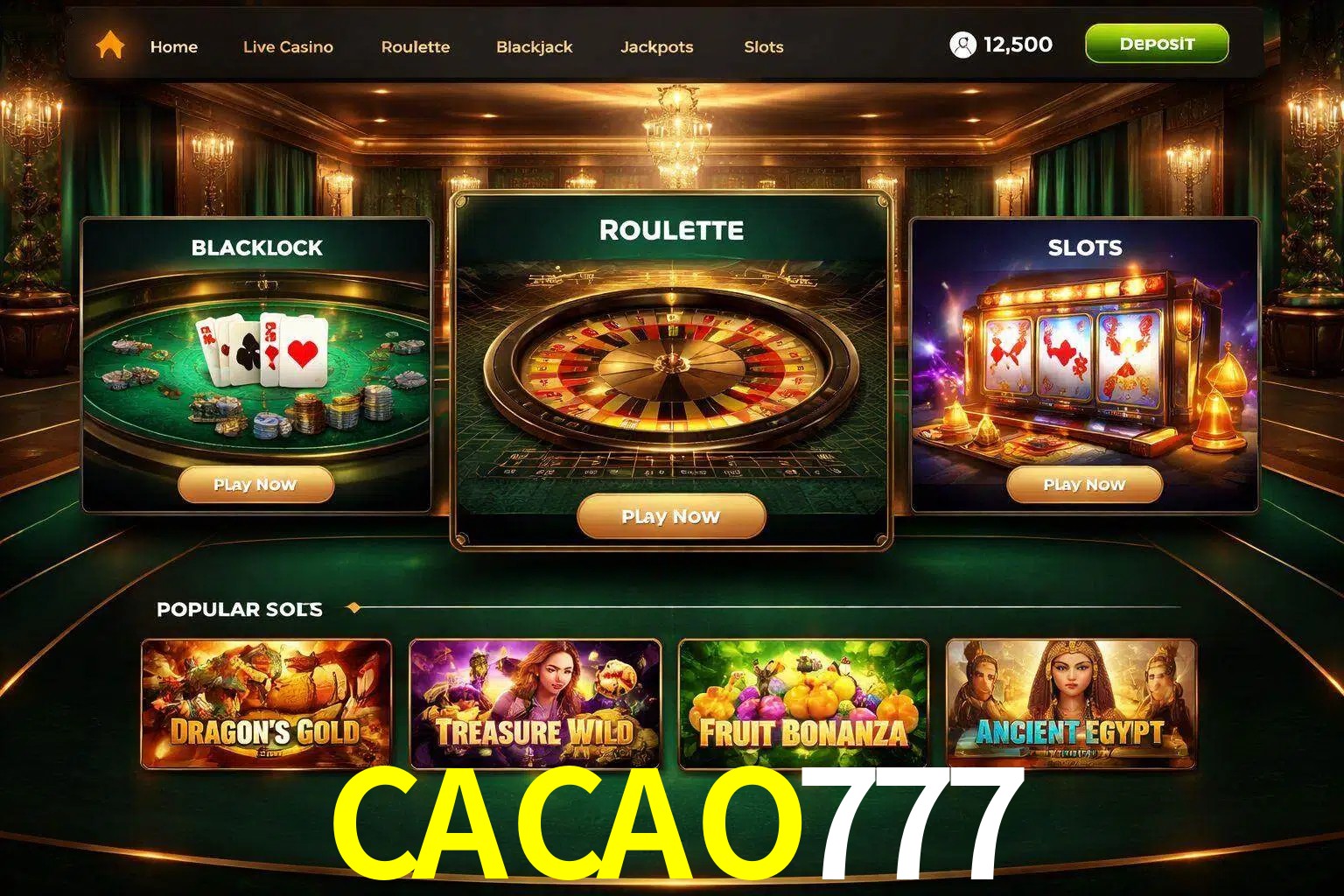 Vista de la plataforma CACAO777 Casino mostrando categorías organizadas de juegos en línea
