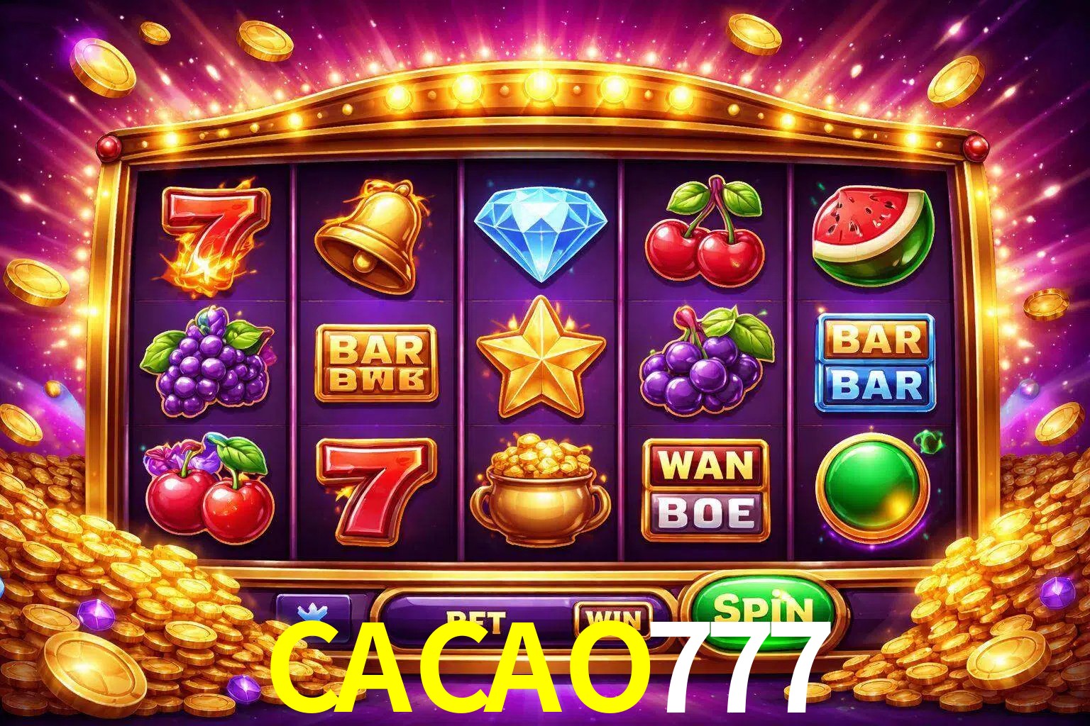Una interfaz colorida de tragamonedas en línea con símbolos brillantes, monedas y un efecto de victoria celebratoria en CACAO777.